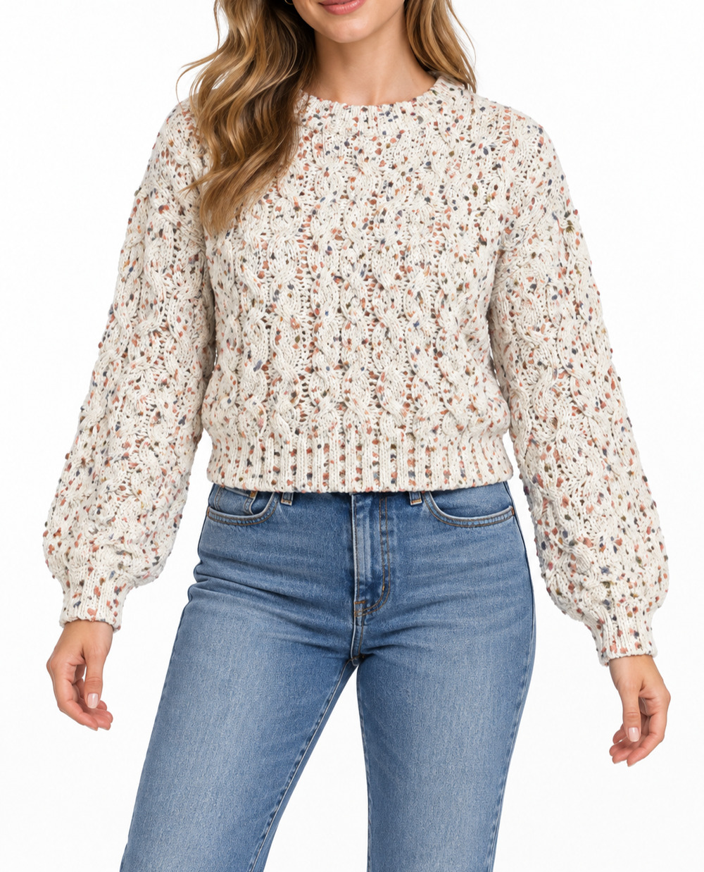Jessica Simpson Women M Cropped Confetti Cable Knit Sweater Balloon Sleeve